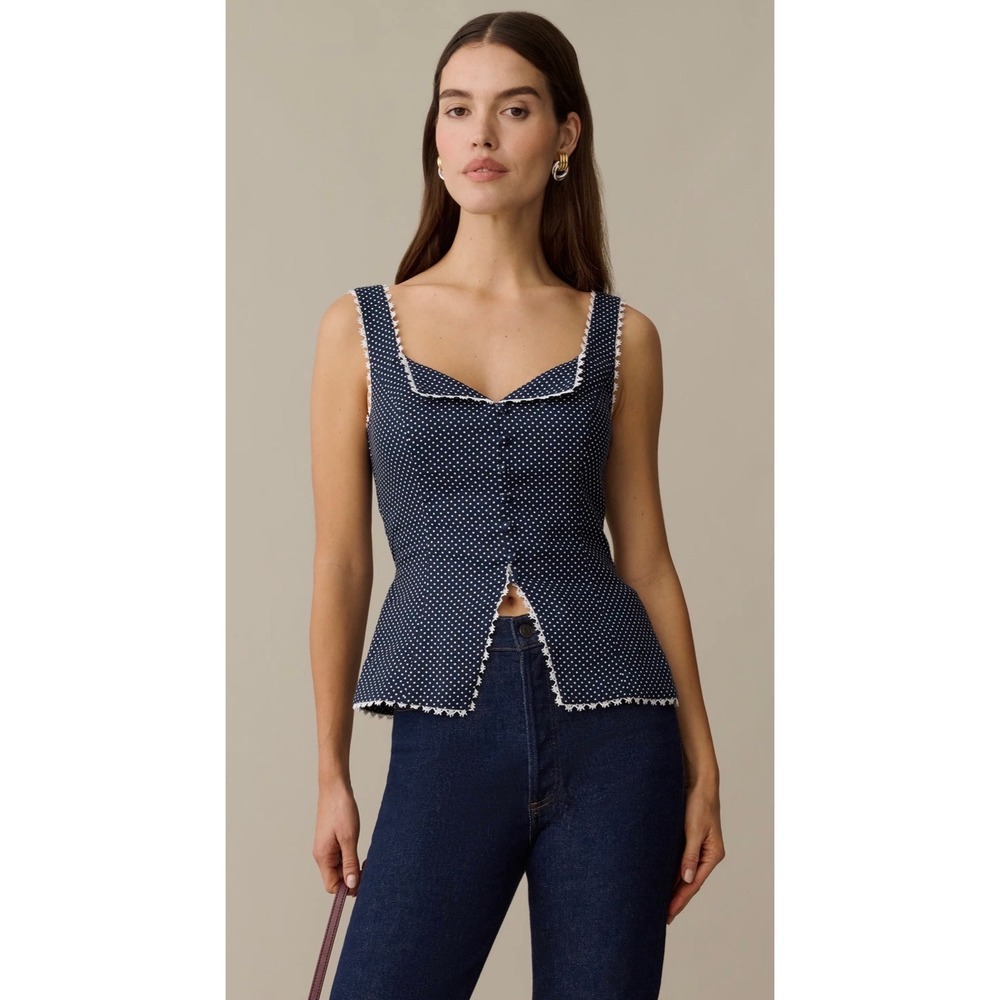 Few Moda o.p.t One Pretty Time Navy Polka Dot Linen Lace Trim Tie Back Top 6
